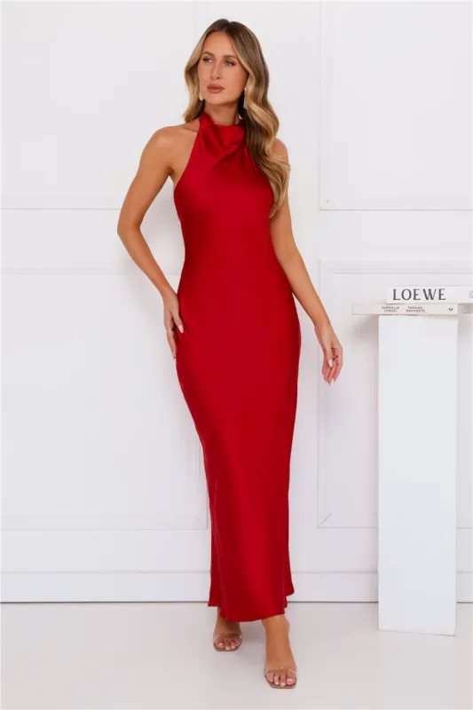 Enchanted Daybreak Halter Satin Maxi Dress Red sold by Hello Molly