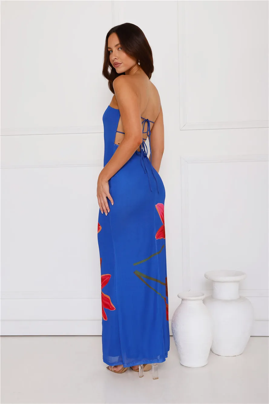 Tropical Lily Strapless Mesh Maxi Dress Blue sold by Hello Molly product image thumbnail 5