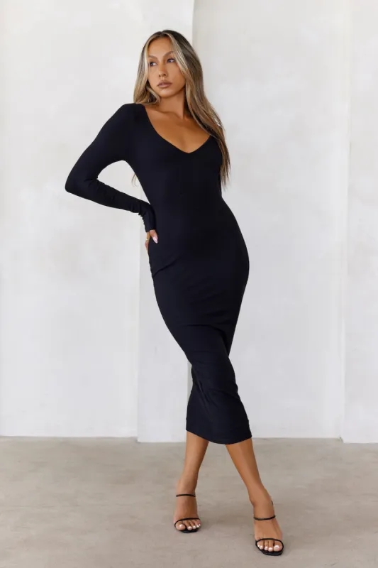 BASE The Must Own Long Sleeve Ribbed Midi Dress Black sold by Hello Molly