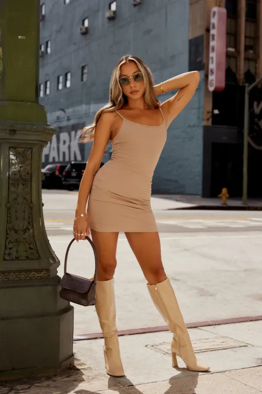 BASE The Elite Cami Ribbed Bodycon Mini Dress Latte sold by Hello Molly