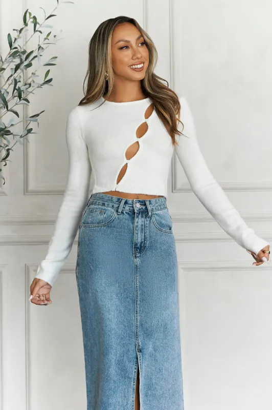Ski Lodge Knit Long Sleeve Crop Top White sold by Hello Molly