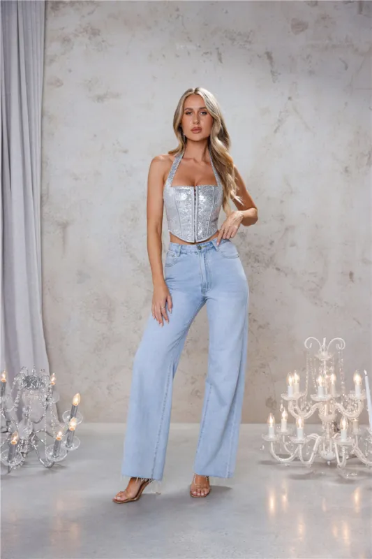 Sequin Edition Halter Corset Crop Top Silver sold by Hello Molly