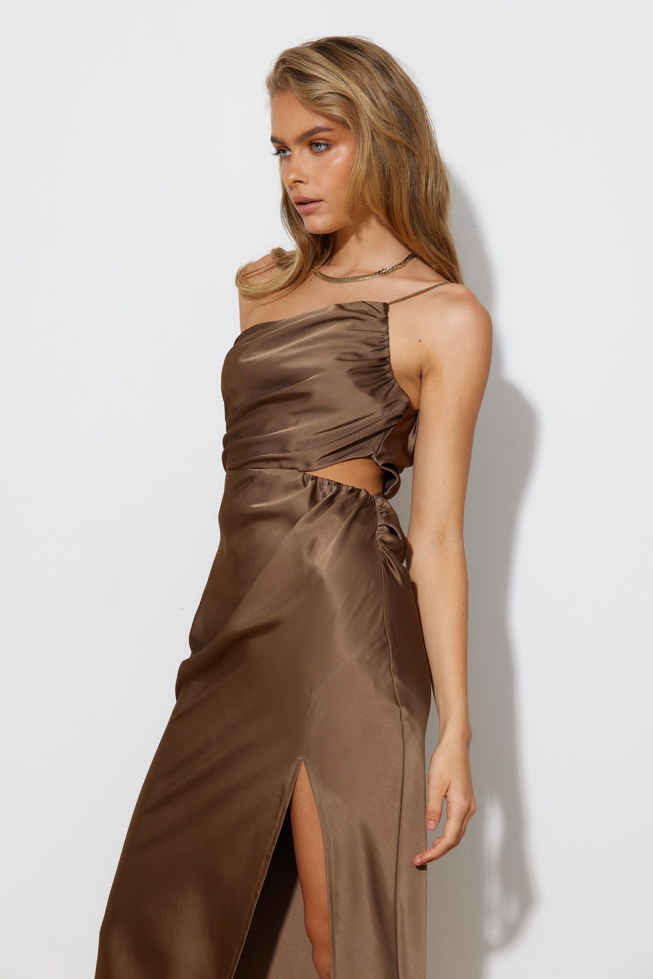 Best Dressed Guest Satin Maxi Dress Brown sold by Hello Molly product image thumbnail 2