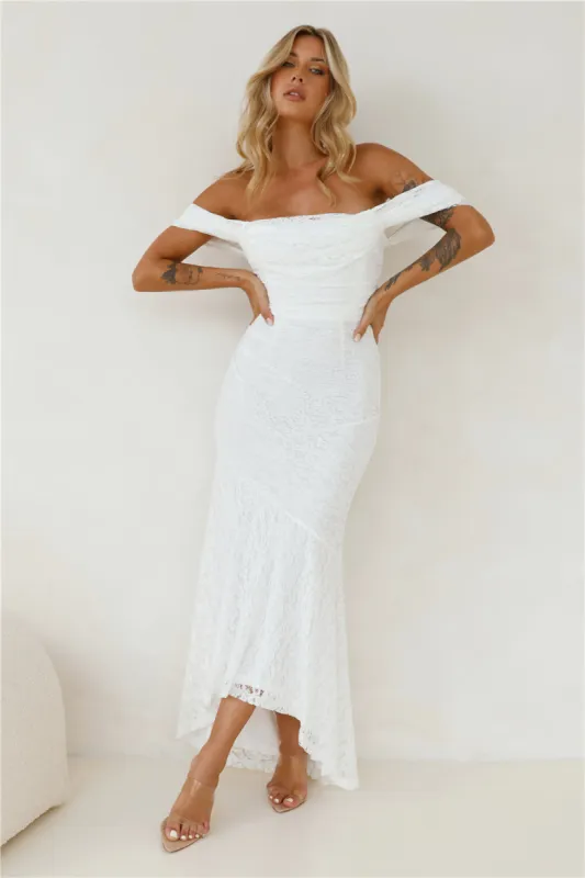 One To Want Off Shoulder Lace Maxi Dress White sold by Hello Molly