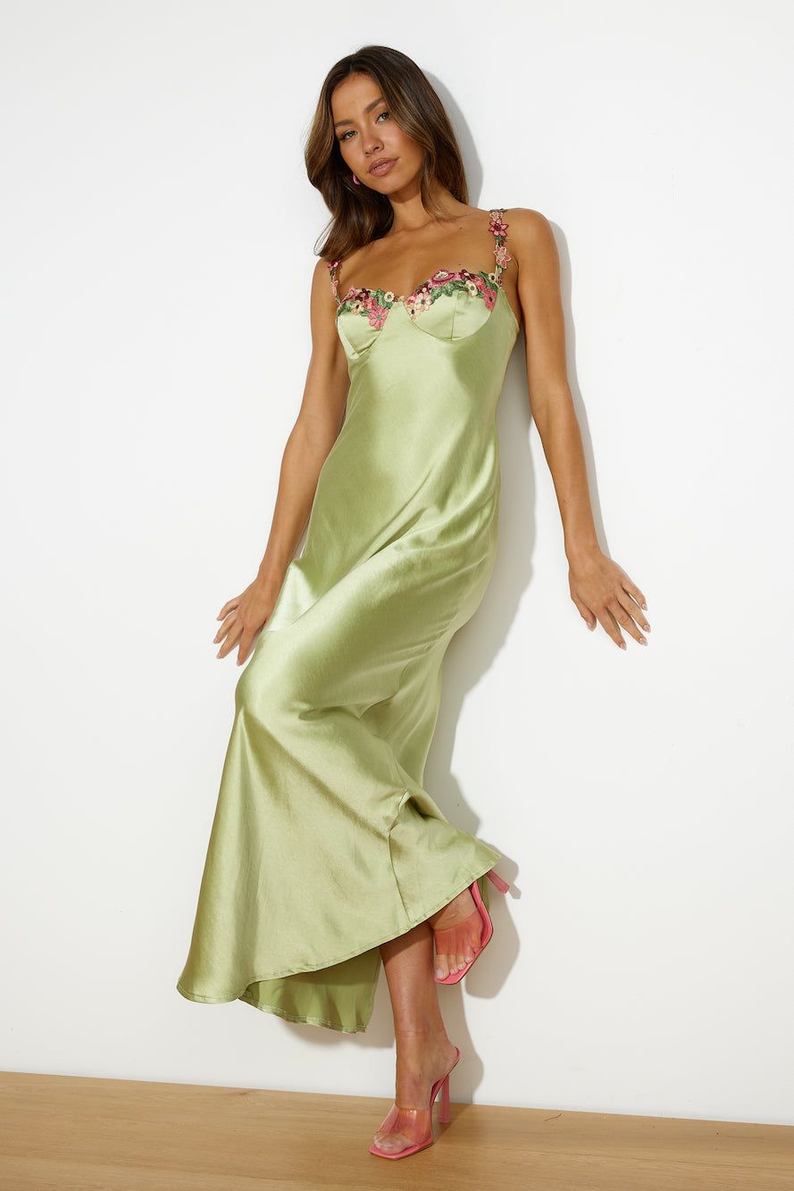 Flower Chains Satin Maxi Dress Green sold by Hello Molly product image thumbnail 3