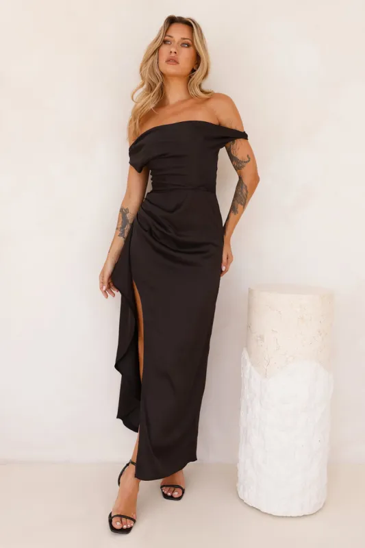 Nightfall Event Off Shoulder Satin Maxi Dress Black sold by Hello Molly