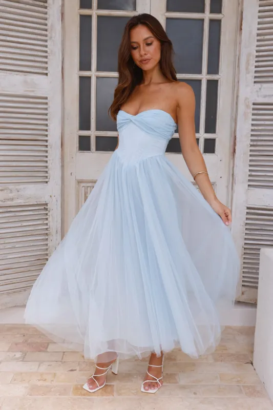 Worthy Of Diamonds Strapless Tulle Midi Dress Blue sold by Hello Molly