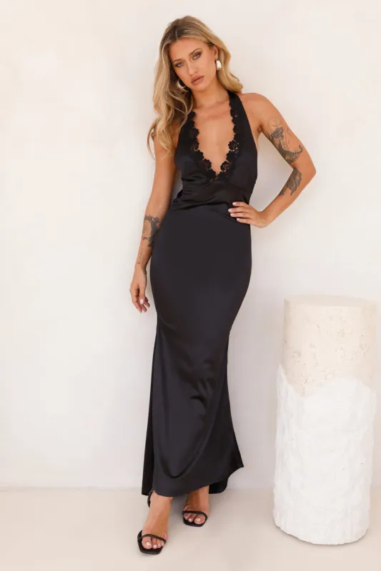 Sublime Sophistication Satin Halter Maxi Dress Black sold by Hello Molly