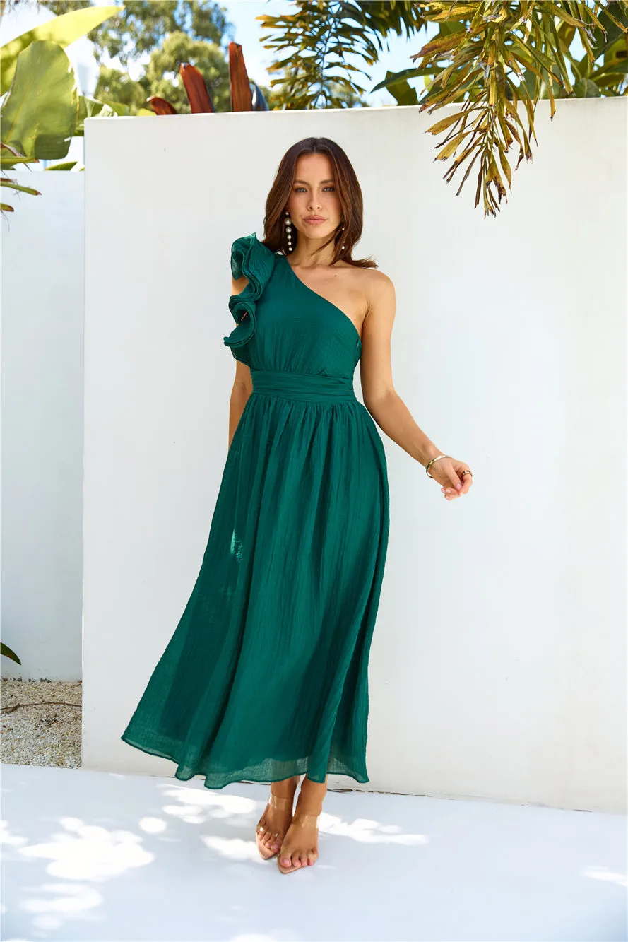 Find Out One Shoulder Midi Dress Emerald sold by Hello Molly