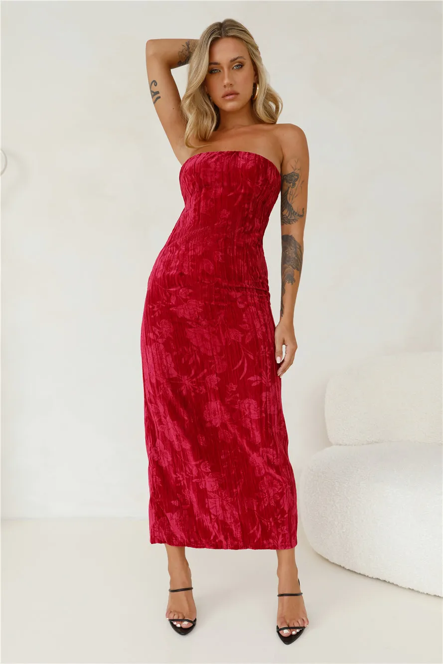 Commotion Strapless Velvet Maxi Dress Red sold by Hello Molly