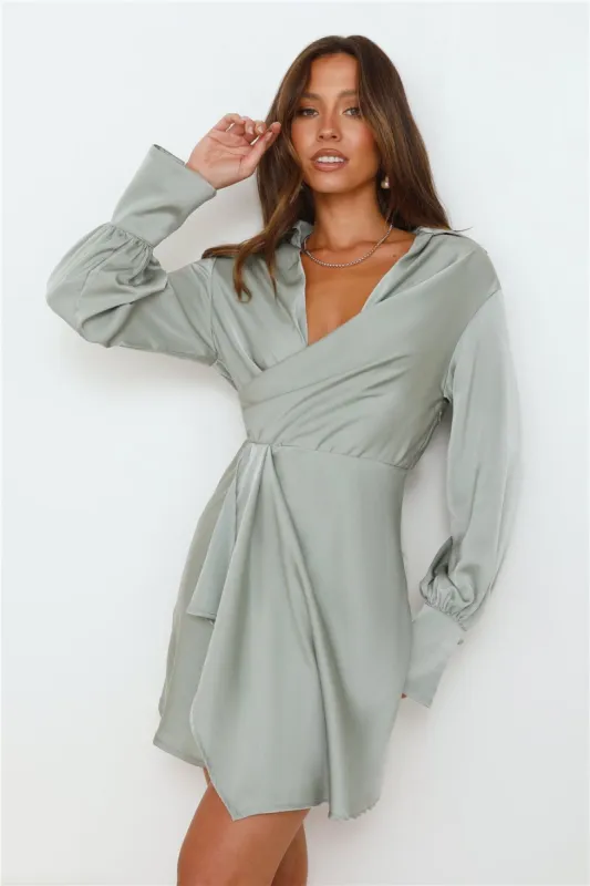 Days Of Love Long Sleeve Satin Mini Dress Sage sold by Hello Molly