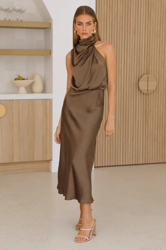 Switch Over Satin Maxi Dress Brown sold by Hello Molly
