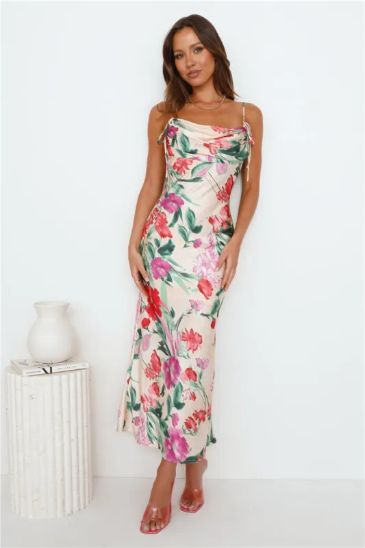 Let Love Bloom Satin Maxi Dress Print sold by Hello Molly