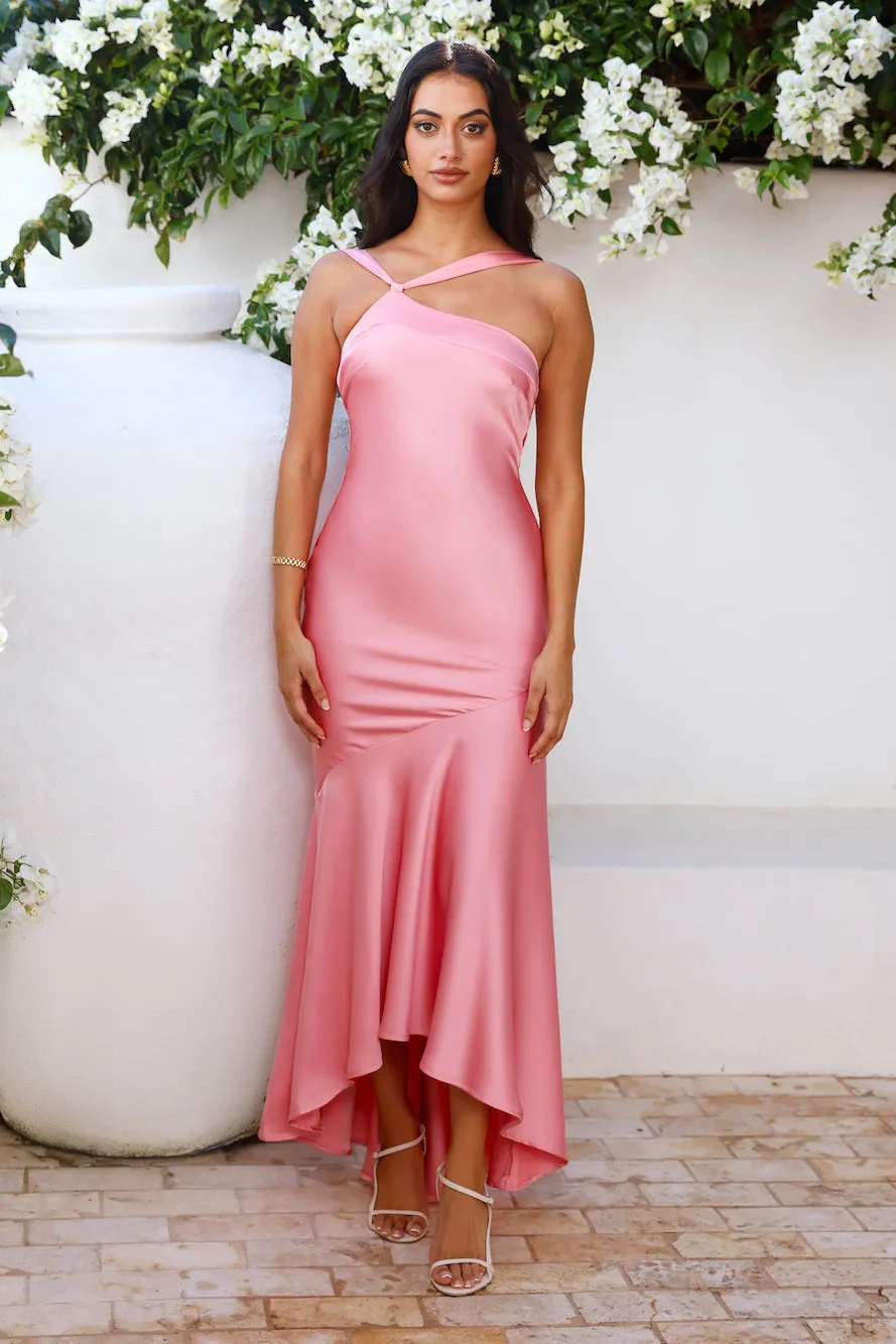 Romantic Affair Satin One Shoulder Maxi Dress Pink sold by Hello Molly