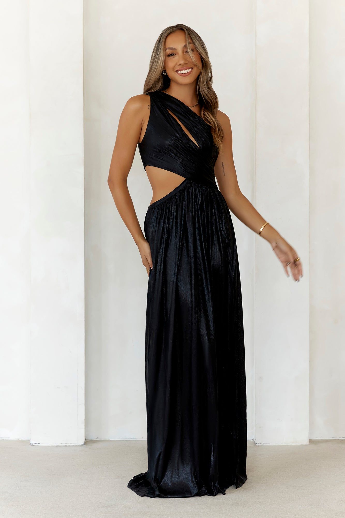 Iridescent Shimmer One Shoulder Maxi Dress Black sold by Hello Molly product image thumbnail 2
