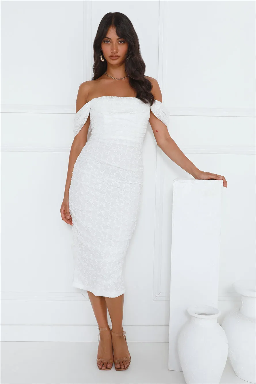 Perfect Girl Off Shoulder Mesh Midi Dress White sold by Hello Molly