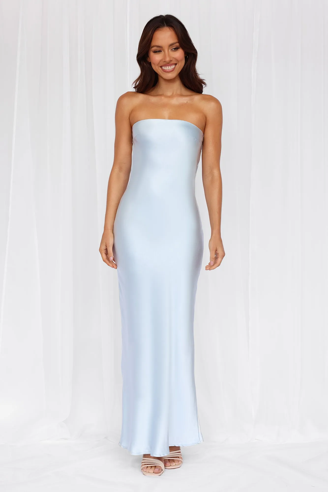 HELLO MOLLY The Felicity Strapless Satin Maxi Dress Blue sold by Hello Molly product image thumbnail 2