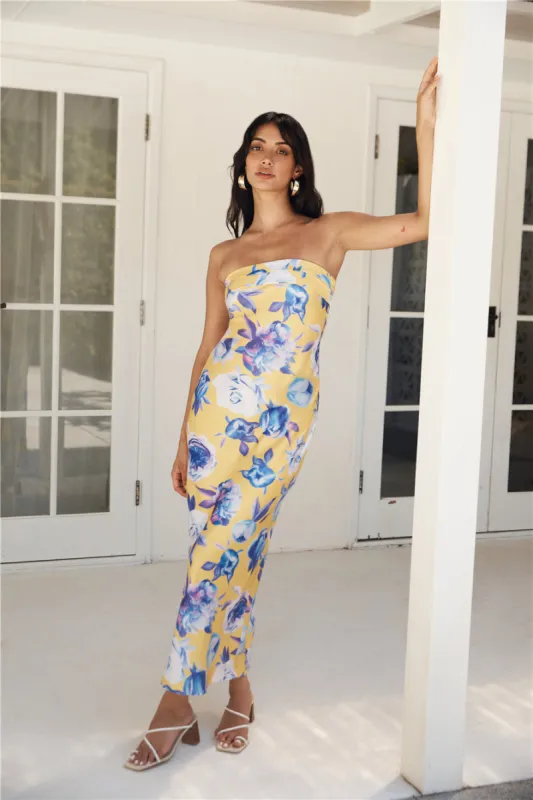 Impressive Me Strapless Satin Maxi Dress Yellow sold by Hello Molly
