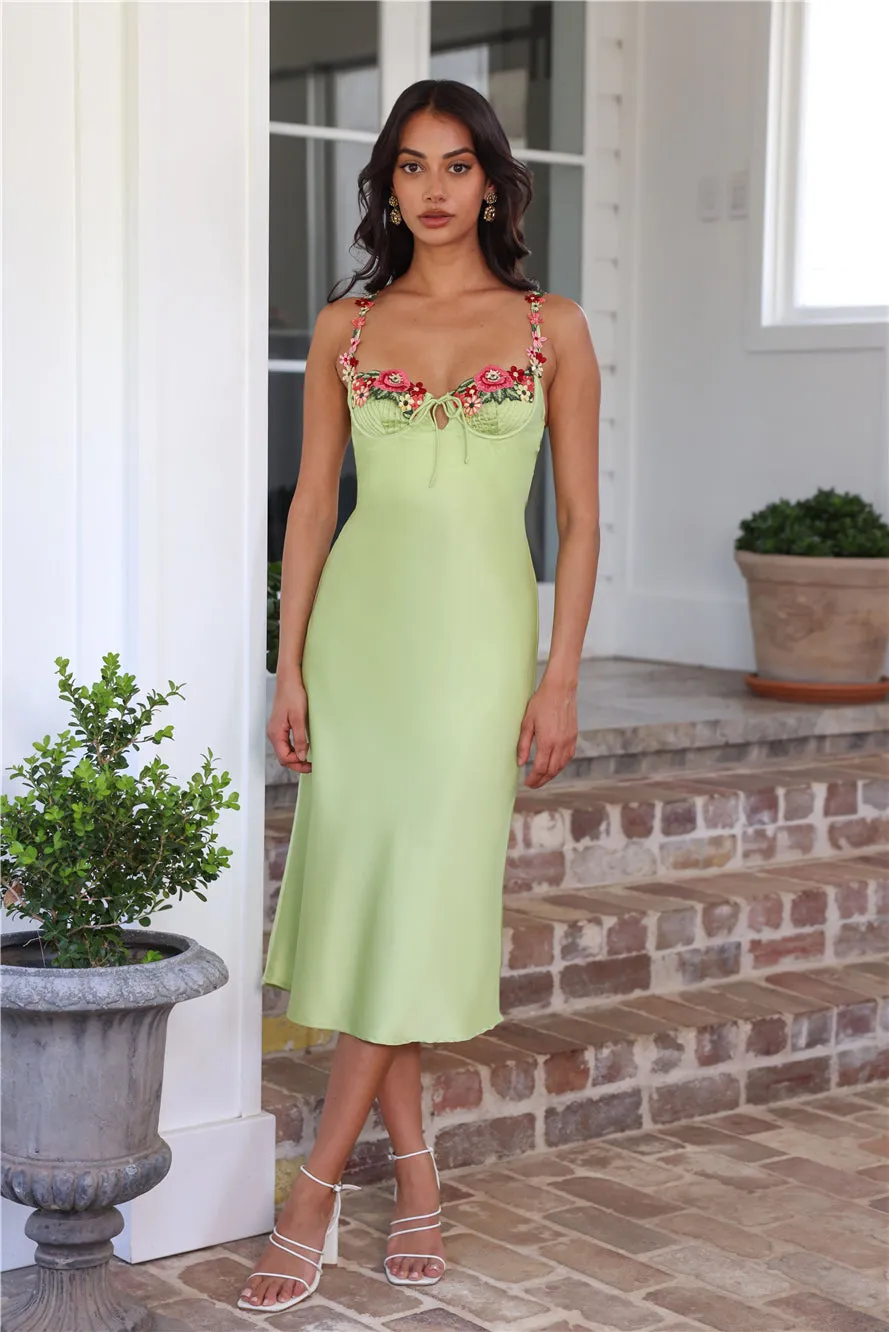 Blooming Relationship Satin Midi Dress Green sold by Hello Molly
