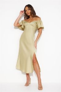 Romance In The Air Satin Midi Dress Matcha sold by Hello Molly
