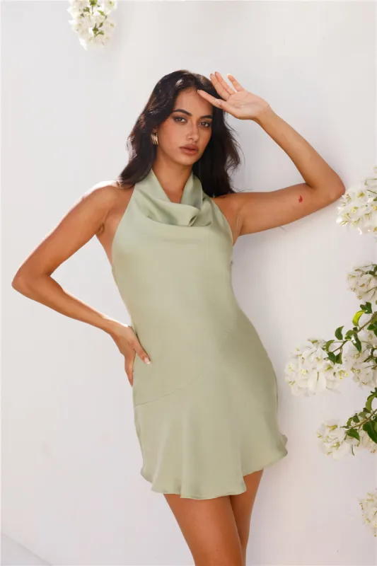 Party Nights Halter Satin Mini Dress Sage sold by Hello Molly