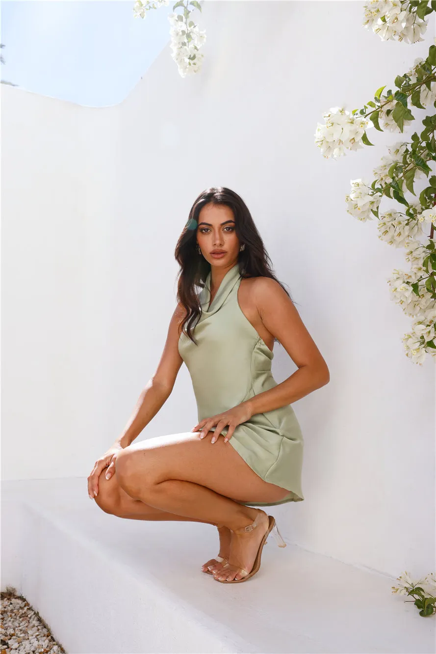 Party Nights Halter Satin Mini Dress Sage sold by Hello Molly product image thumbnail 4