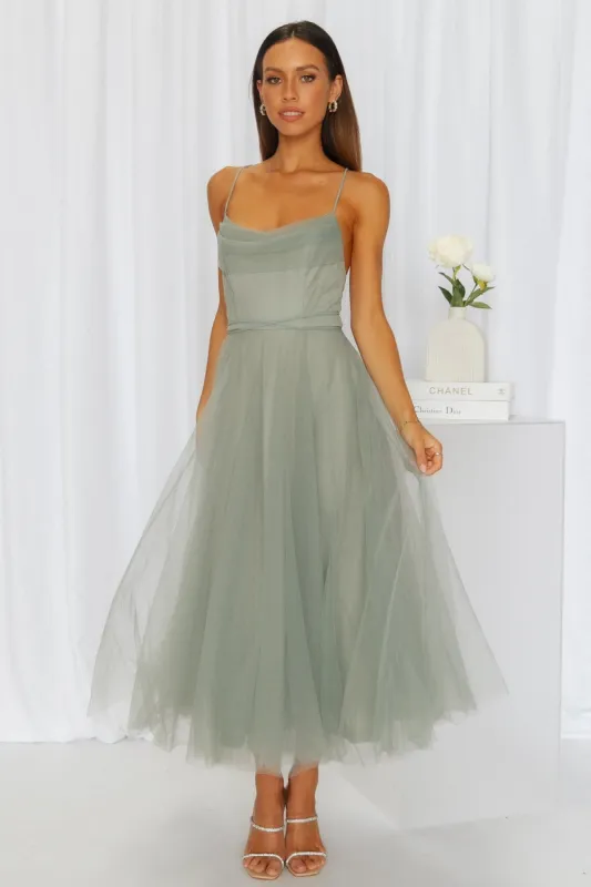 Signal My Way Tulle Midi Dress Sage sold by Hello Molly