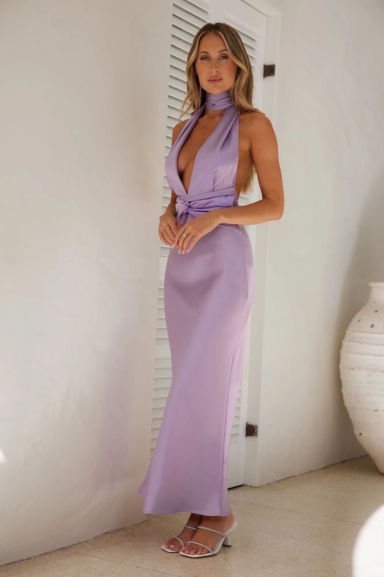 Beauty Of The Night Halter Satin Maxi Dress Lilac sold by Hello Molly product image thumbnail 5