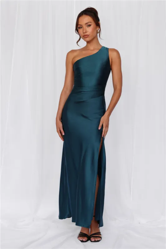 HELLO MOLLY The Aurora One Shoulder Satin Maxi Dress Teal sold by Hello Molly