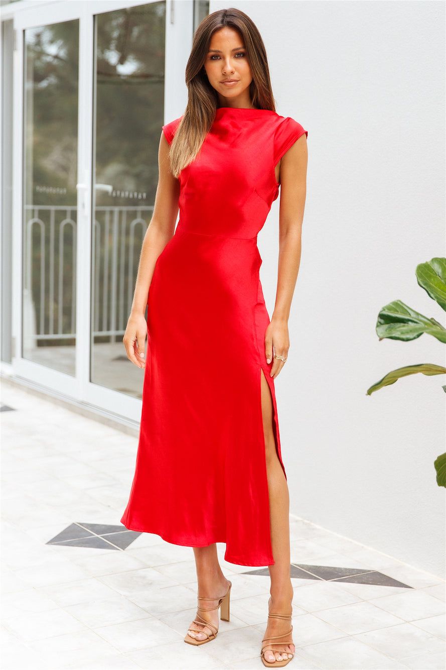 Get In Formation Satin Midi Dress Red sold by Hello Molly