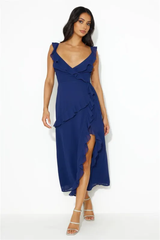 Chasing Seasons Frill Maxi Dress Navy sold by Hello Molly
