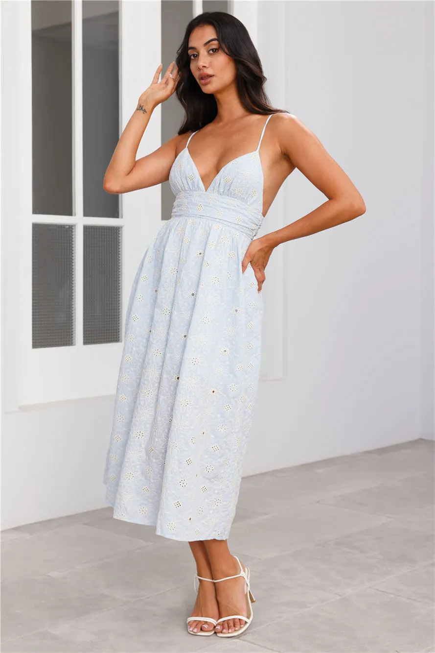 Pastel Paradise Embroidered Midi Dress Blue sold by Hello Molly