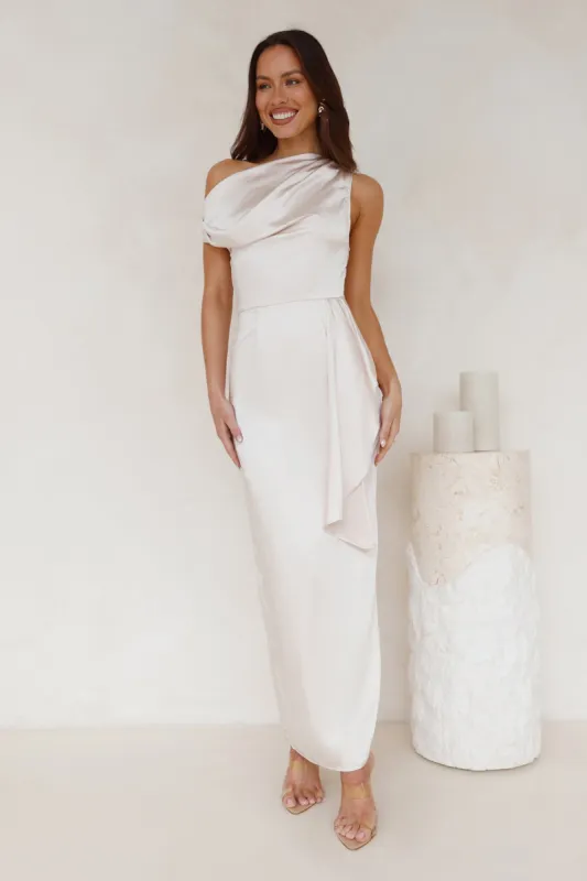Satin Whisper Off Shoulder Maxi Dress Champagne sold by Hello Molly