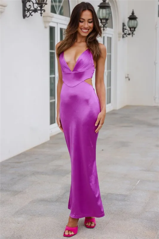 Sunset Views Satin Midi Dress Purple sold by Hello Molly
