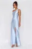 HELLO MOLLY The Aurora One Shoulder Satin Maxi Dress Blue sold by Hello Molly