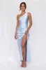 HELLO MOLLY The Aurora One Shoulder Satin Maxi Dress Blue sold by Hello Molly