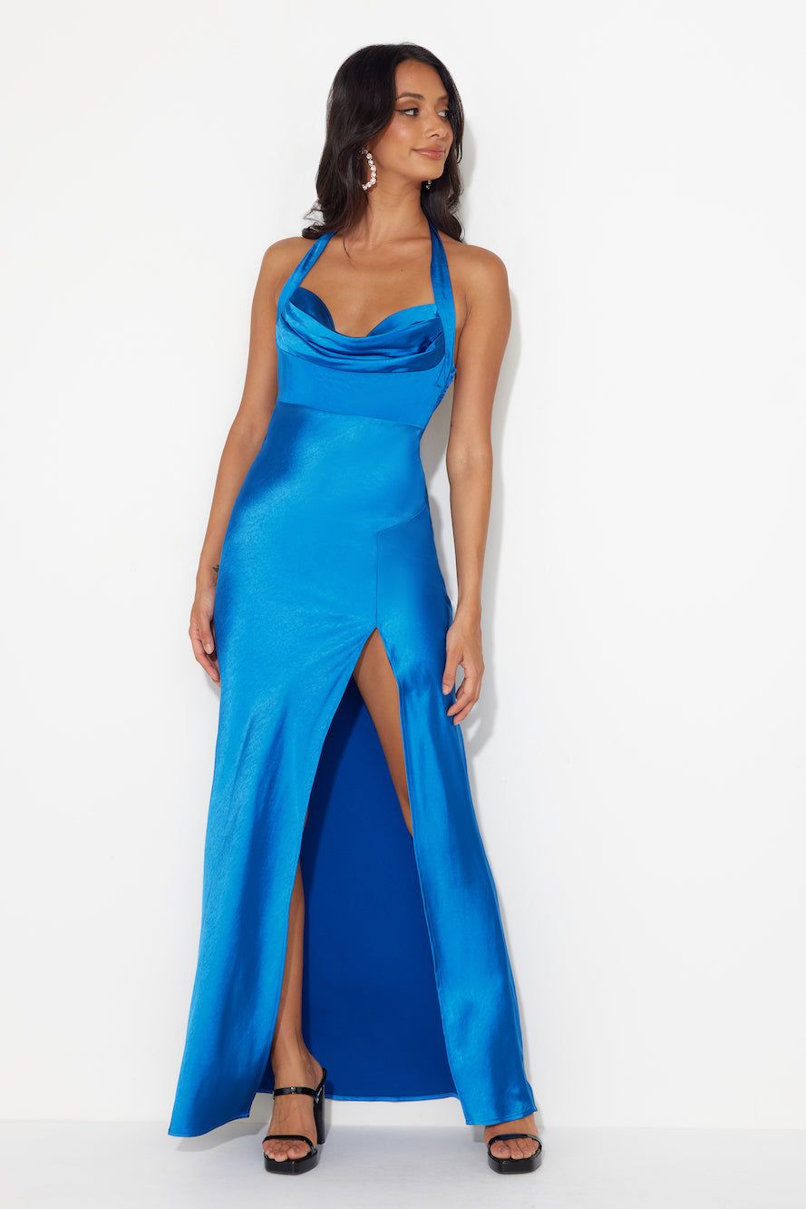 HELLO MOLLY Girl In The Spotlight Halter Neck Satin Maxi Dress Blue sold by Hello Molly product image thumbnail 3