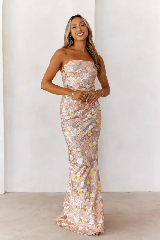 Golden Spark Sequin Strapless Maxi Dress Multi sold by Hello Molly