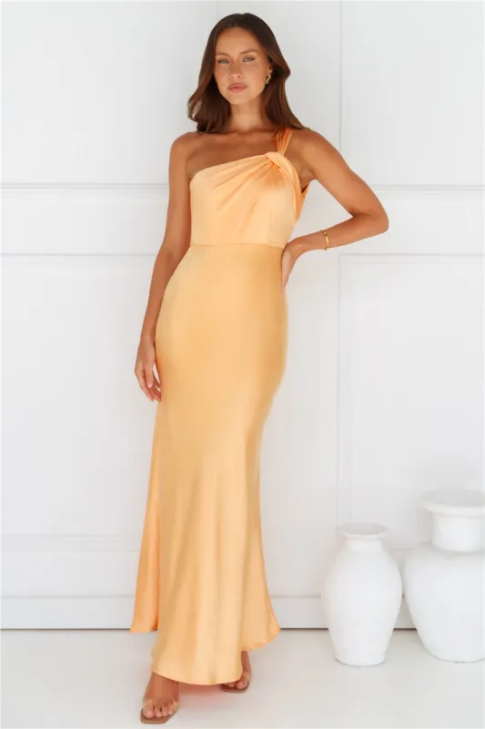 Graceful Elegance One Shoulder Satin Maxi Dress Orange sold by Hello Molly