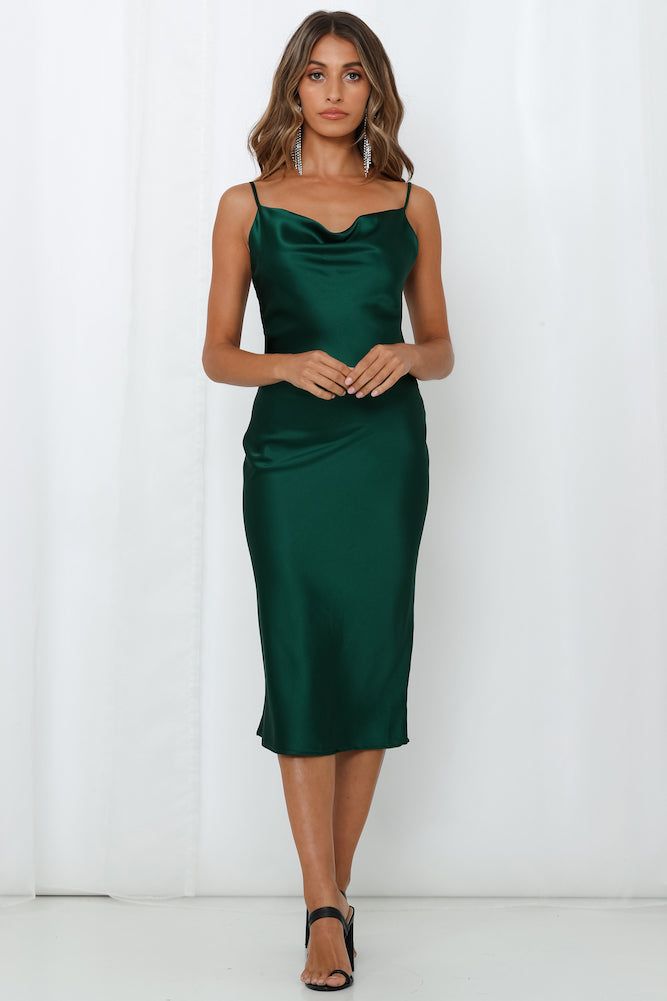 Feel Like Laughing Satin Midi Dress Emerald sold by Hello Molly