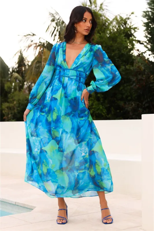 Spring Waterfall Long Sleeve Maxi Dress Blue sold by Hello Molly