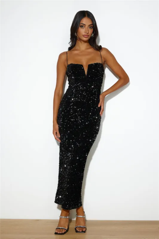 Party Mood Sequin Maxi Dress Black sold by Hello Molly