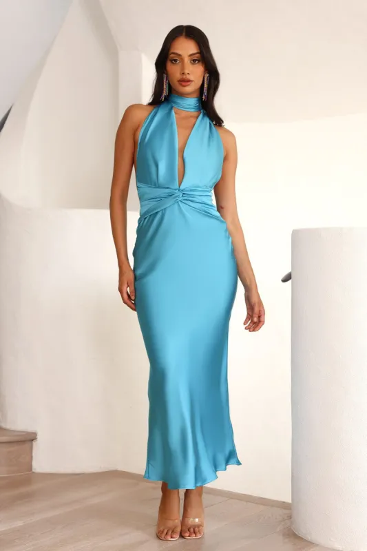 Beauty Of The Night Halter Satin Maxi Dress Blue sold by Hello Molly