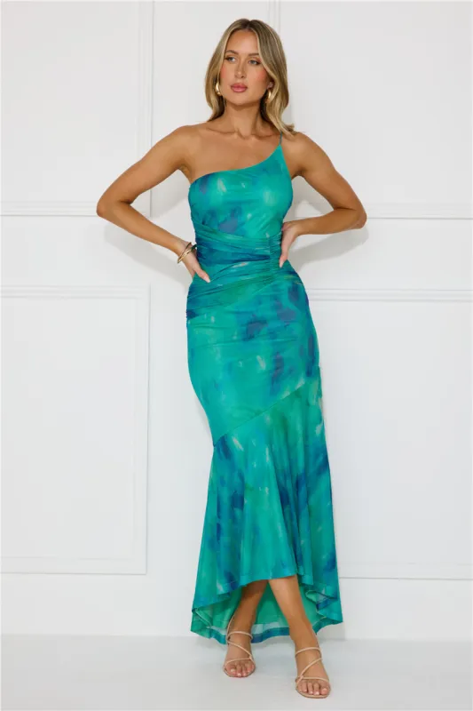 Fabulous Vibe One Shoulder Mesh Maxi Dress Green sold by Hello Molly