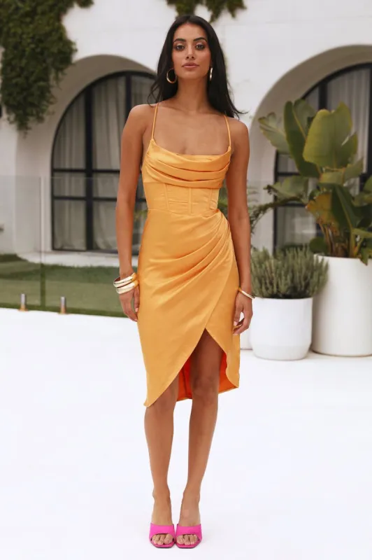 My Fierce Love Satin Midi Dress Golden sold by Hello Molly