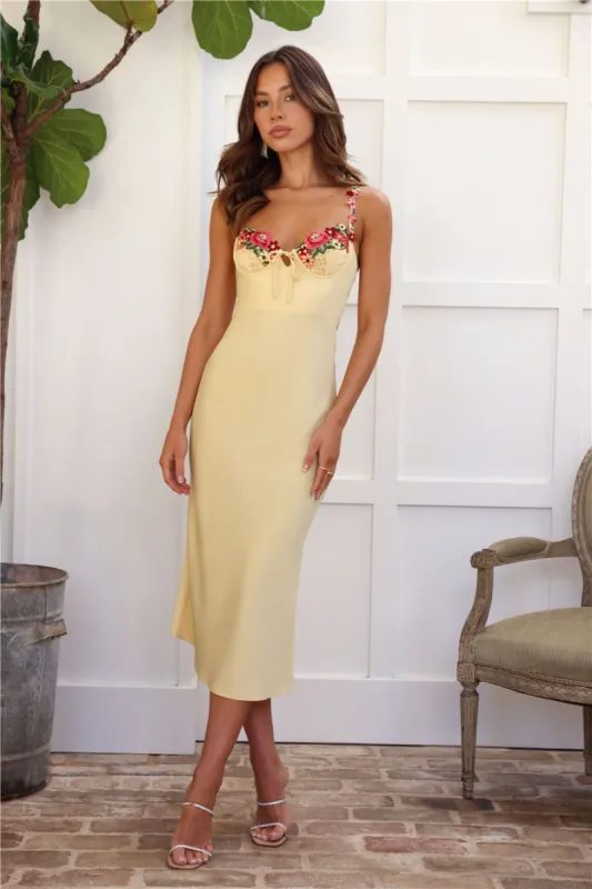 Blooming Relationship Satin Midi Dress Yellow sold by Hello Molly