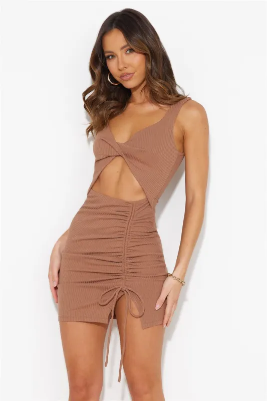Feel The Mood Ribbed Mini Dress Brown sold by Hello Molly