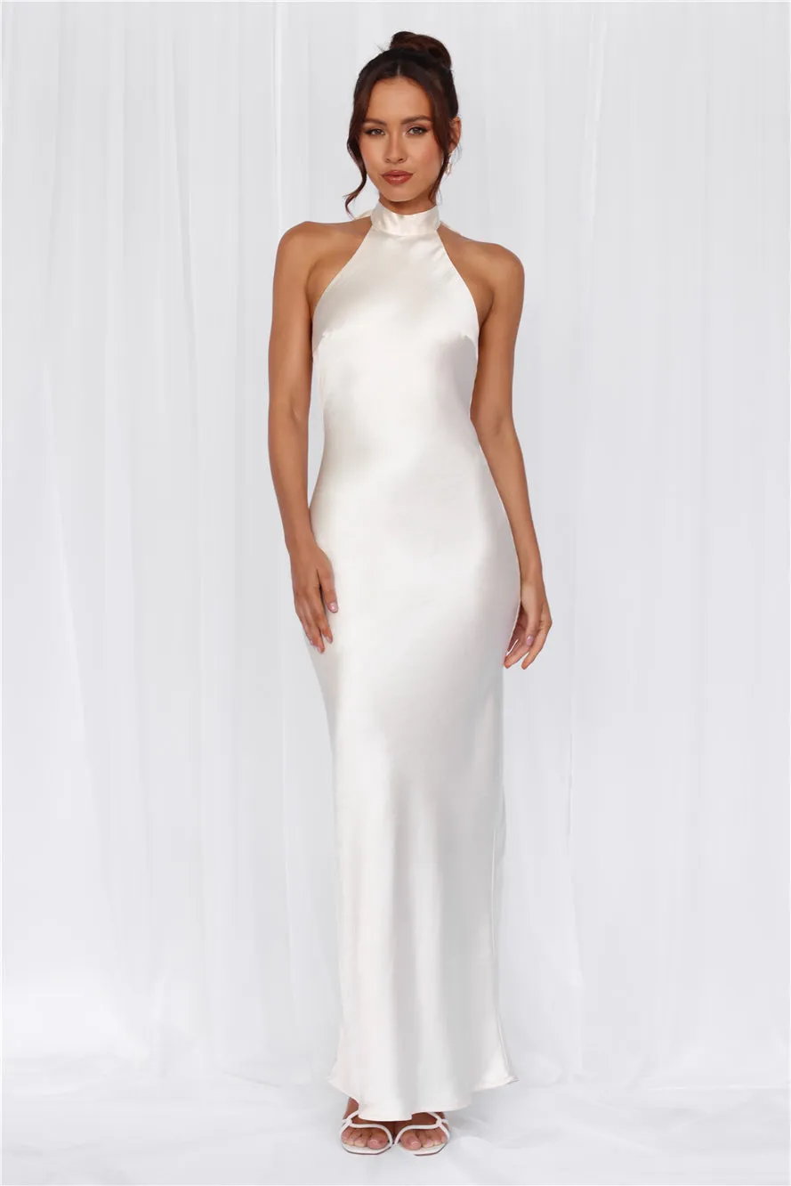 HELLO MOLLY The Cleo Halter Satin Maxi Dress Pearl sold by Hello Molly