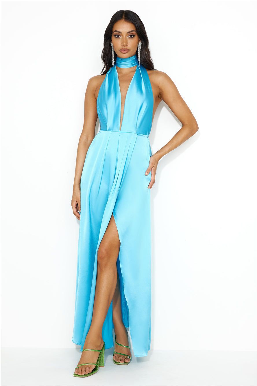 Exciting Event Satin Maxi Dress Blue sold by Hello Molly