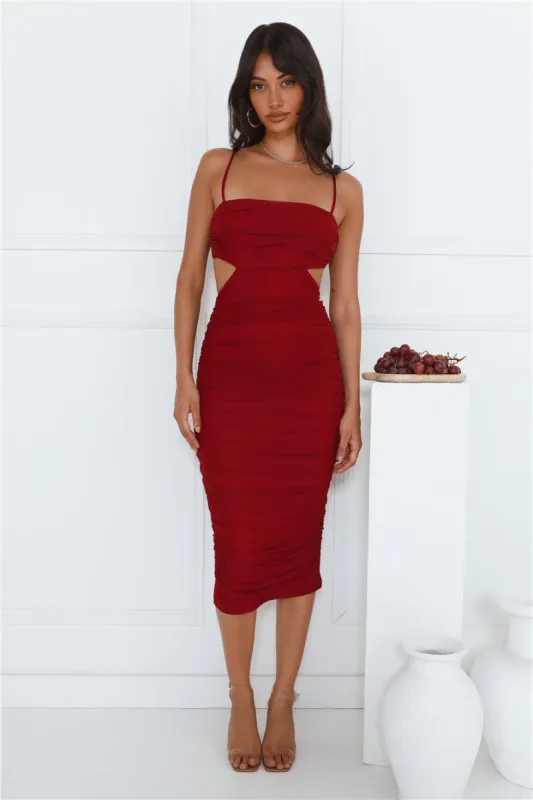 One More Party Mesh Midi Dress Wine sold by Hello Molly